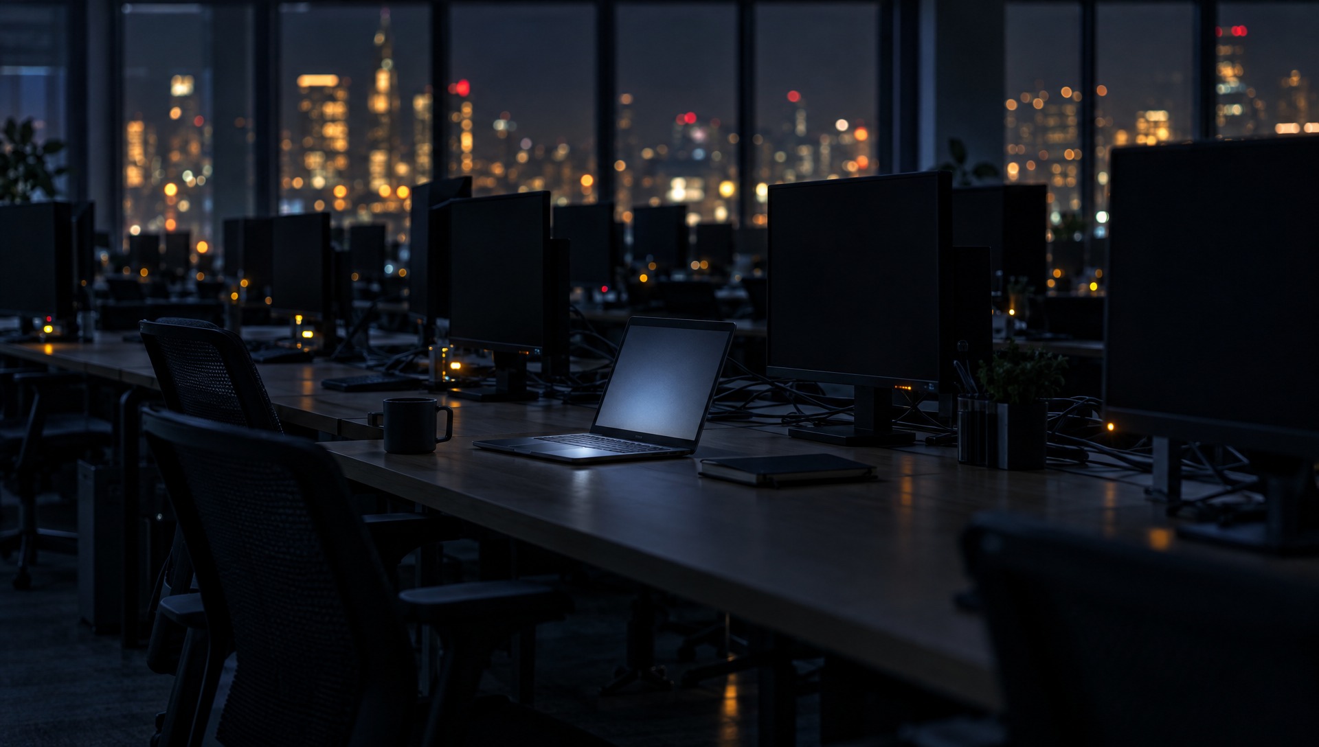 The sleeping office, one laptop open, city lights beyond