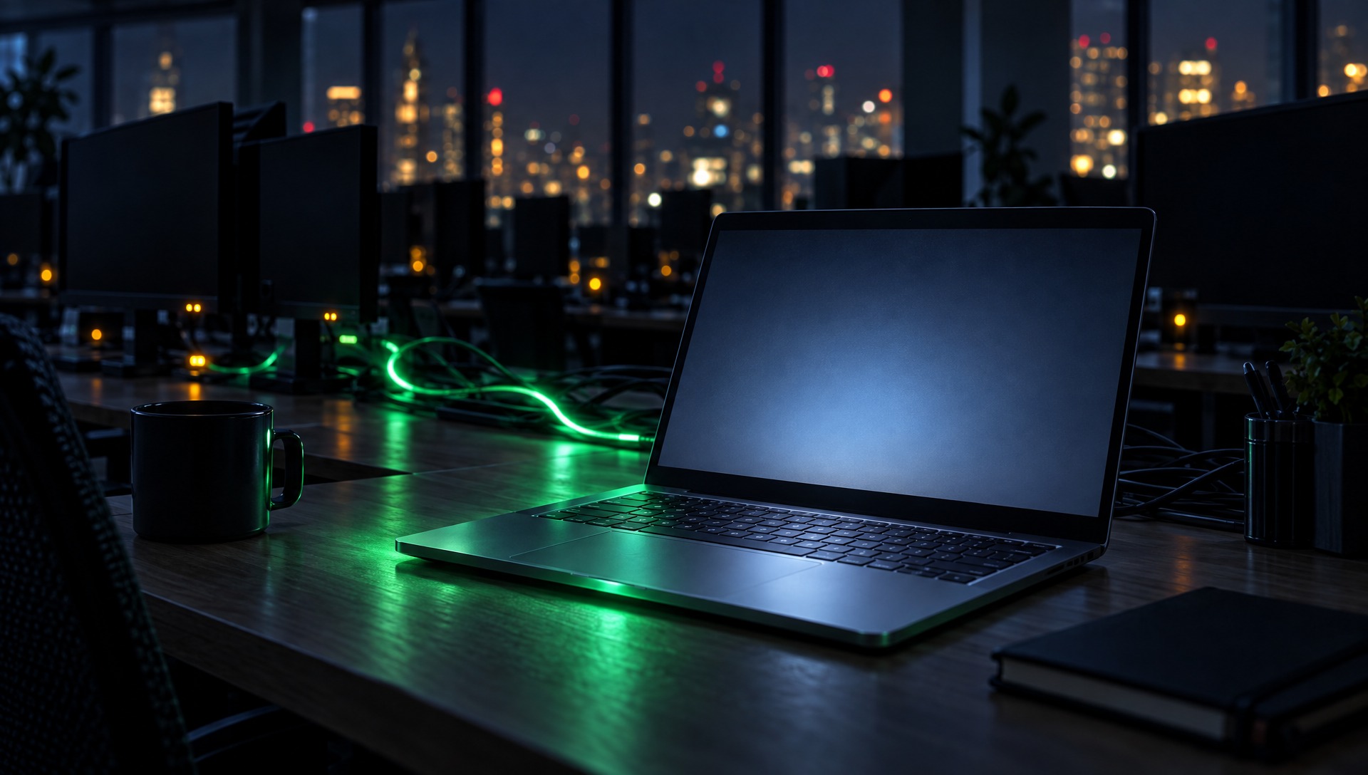 A green light tracing along a desk cable toward the open laptop
