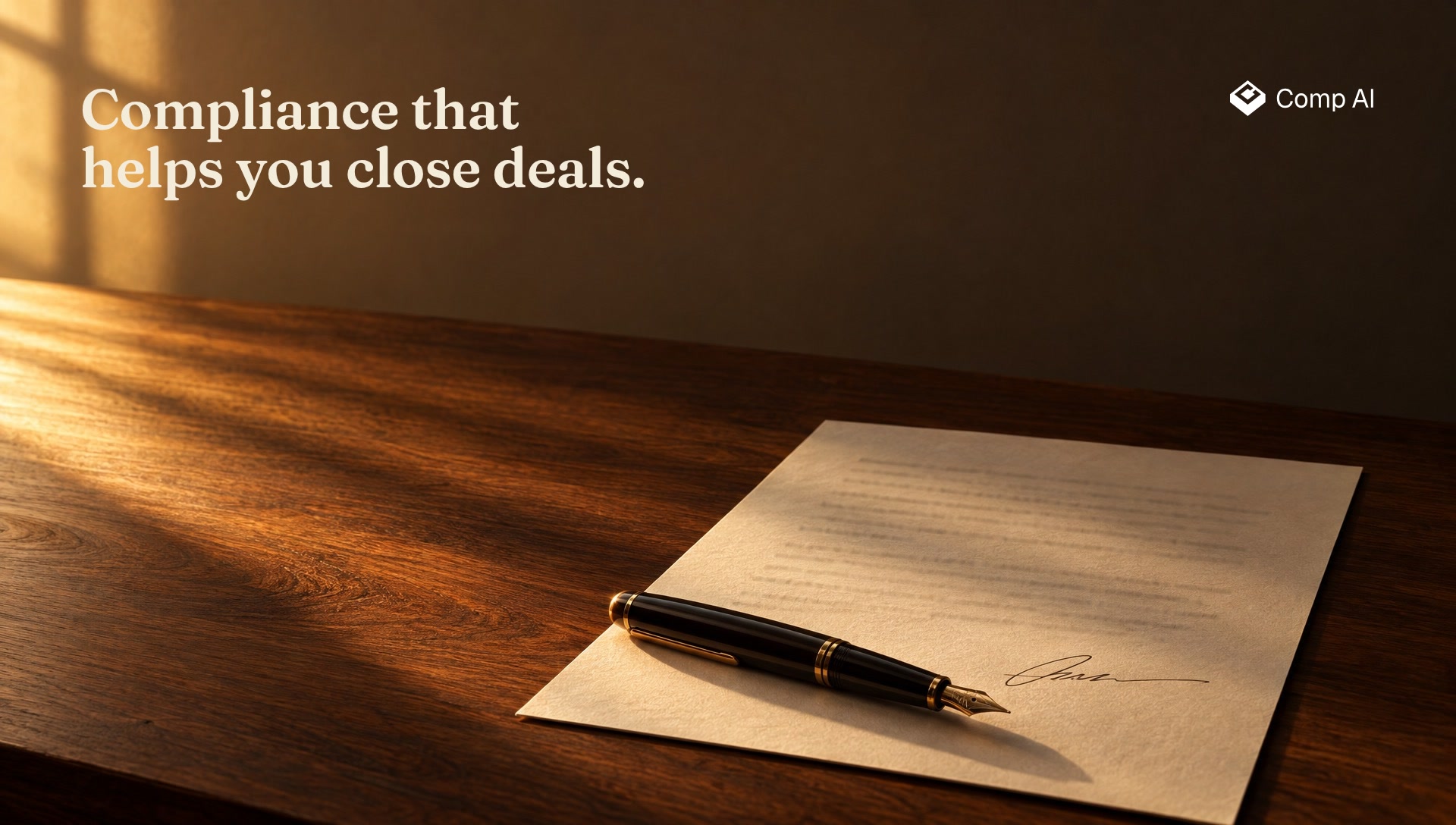 A signed contract and fountain pen on a desk at dusk