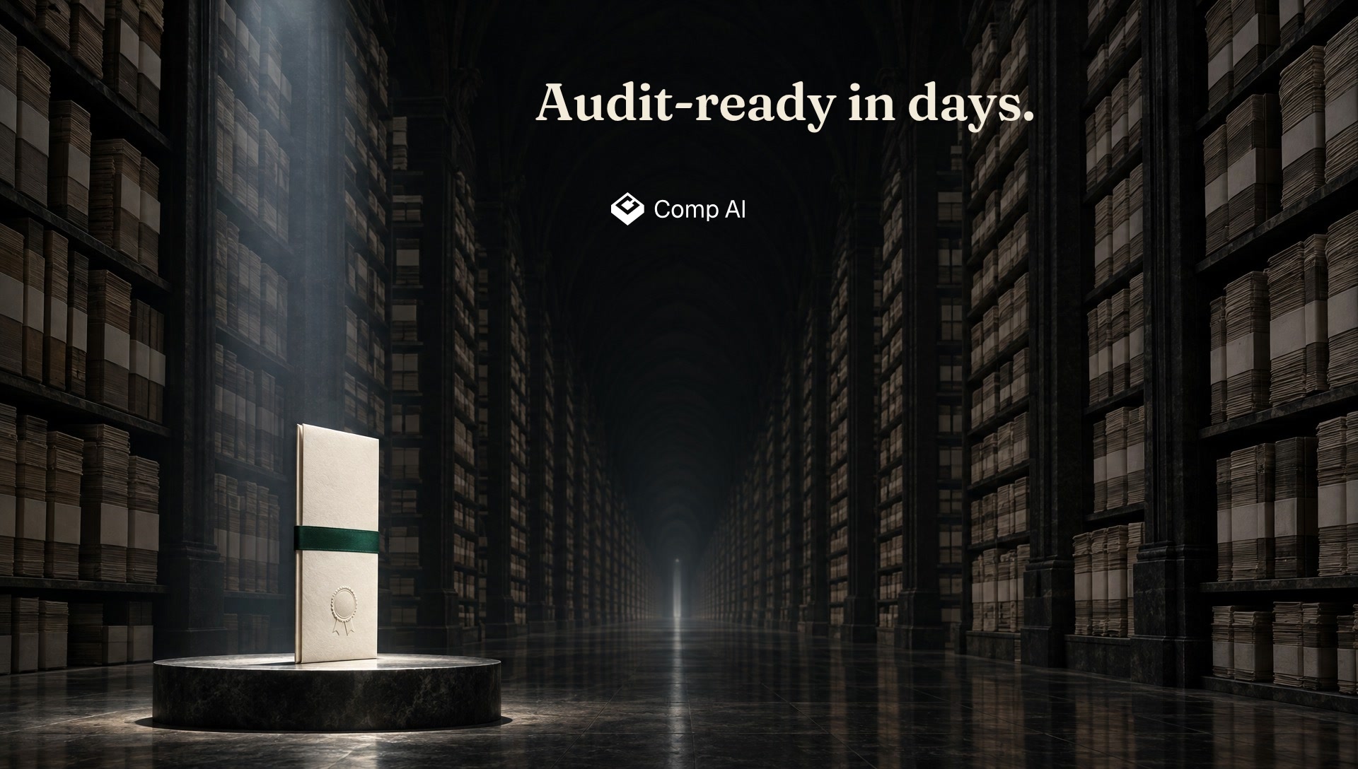 A vast archive hall with one slim certificate on a pedestal