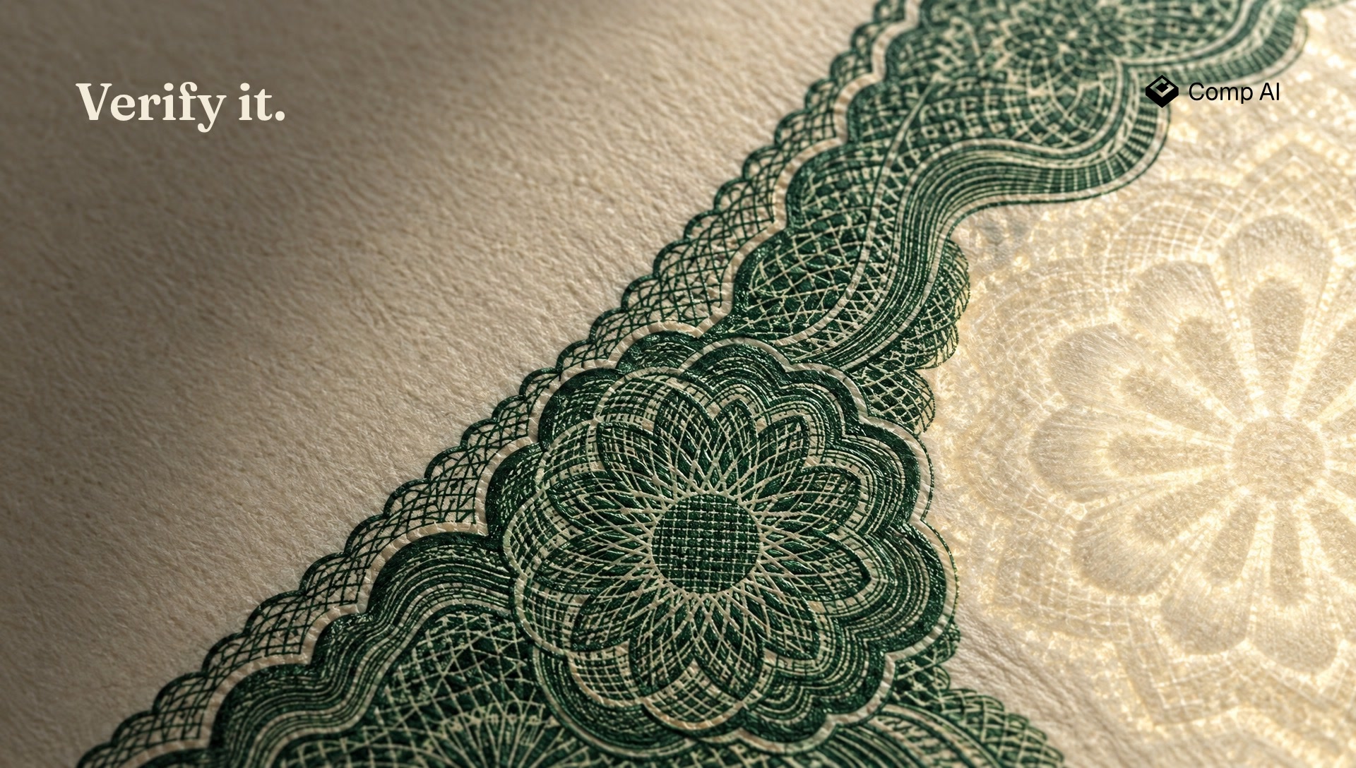Macro security print engraving in green ink on cream paper